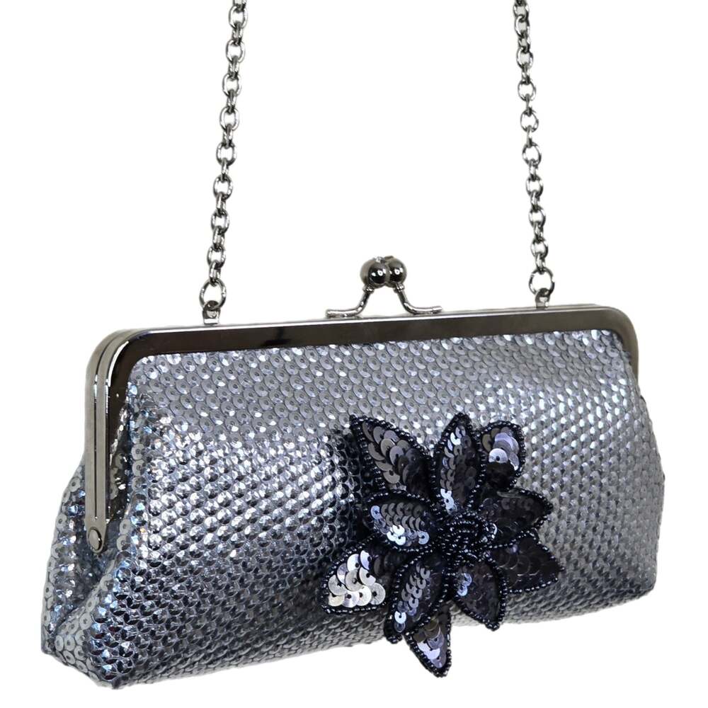 ALDO Silver Sequin Evening Clutch Bag with Floral Sequin Brooch